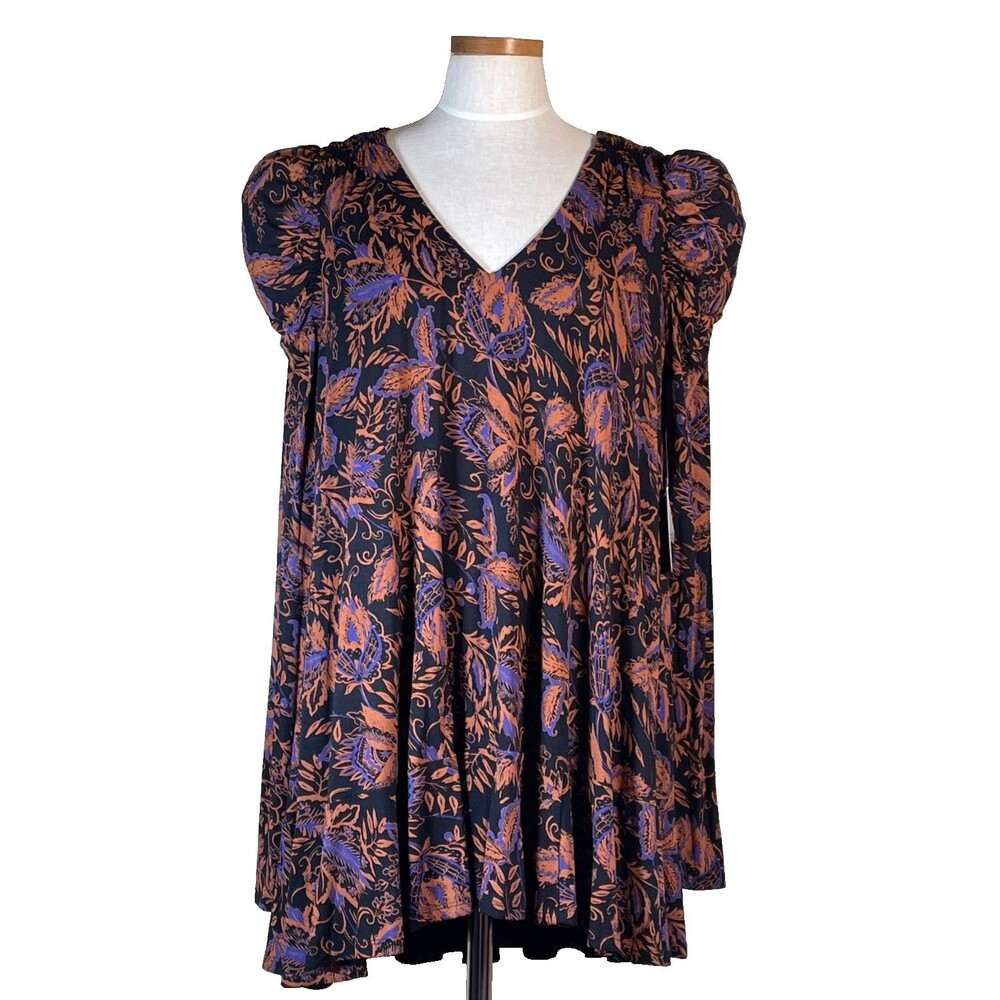 FREE PEOPLE Medium Hello Lover Black Floral Puffed Sleeve Tunic/Mini Dress NWT